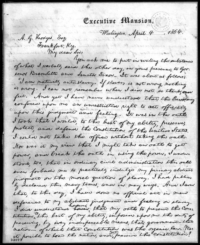 Letter to Hodges (1864) - Lincoln and Emancipation